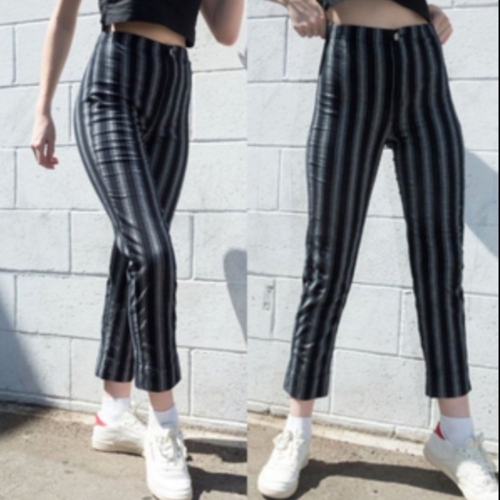 Brandy Melville | High Rise Black & Grey Vertical Stripe Pants Bohemian •